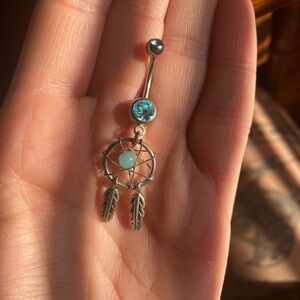 Silver Dreamcatcher Belly Ring with Blue Gem